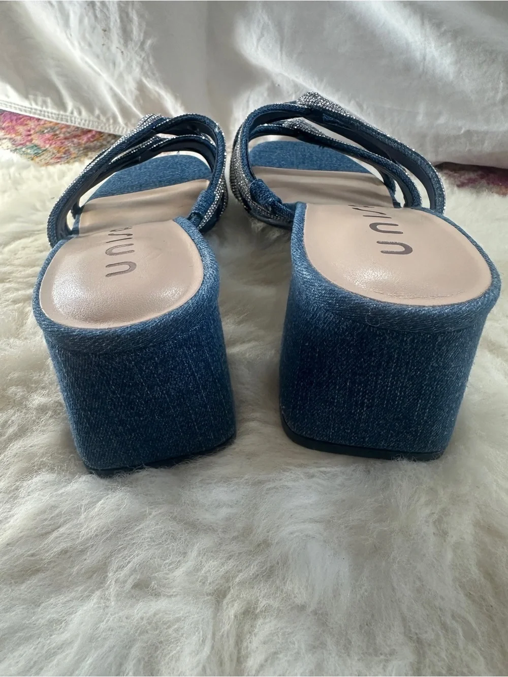 Unisa Denim Rhinestone Sandals Womens 7 Blue Block Heel Open Toe New